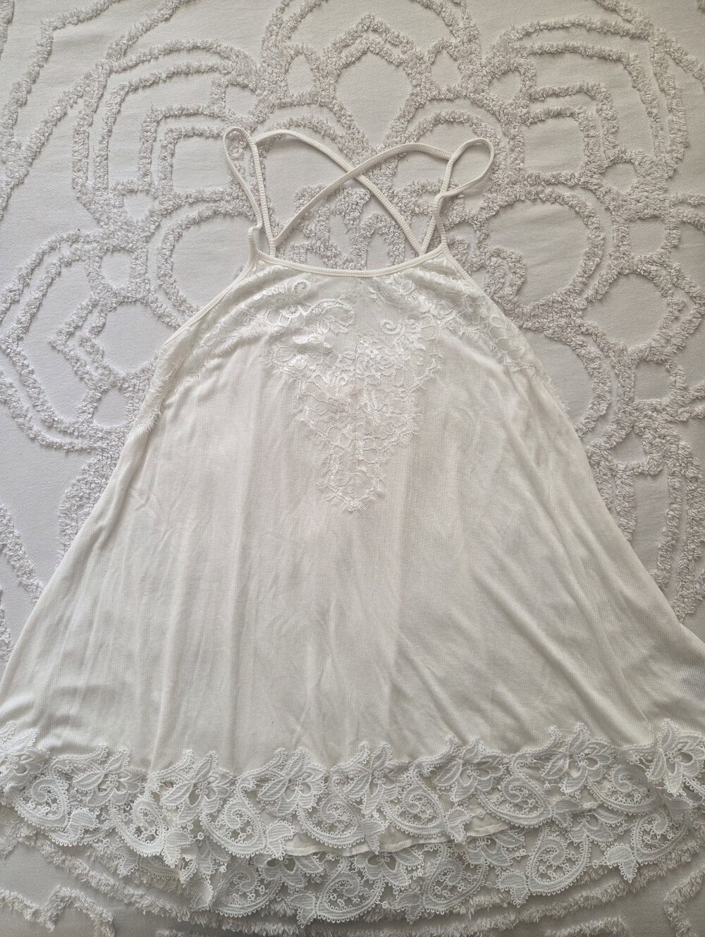 POL Clothing Ivory Lace Trim Crisscross Halter Tank Top